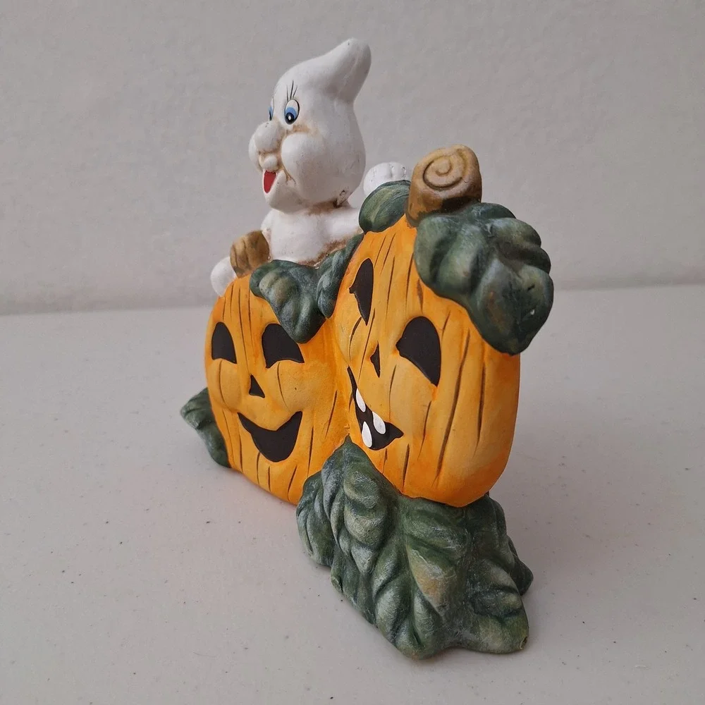 Vintage MCM Ghost & Pumpkins Halloween Decor Hand Painted Ceramic 6